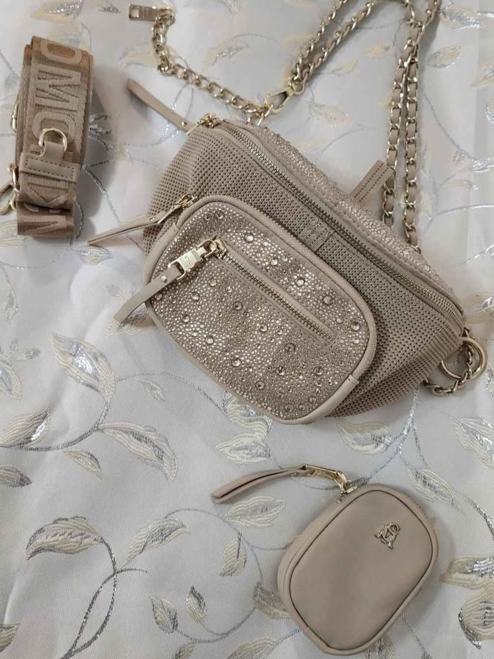 Steve Madden Neutral Beige Beaded Crossbody Set with Gold Chains